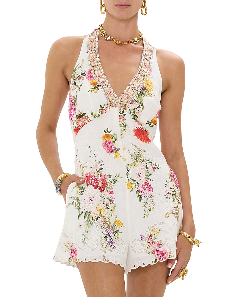 Shop Camilla Linen Floral Romper In Egyptian Rose