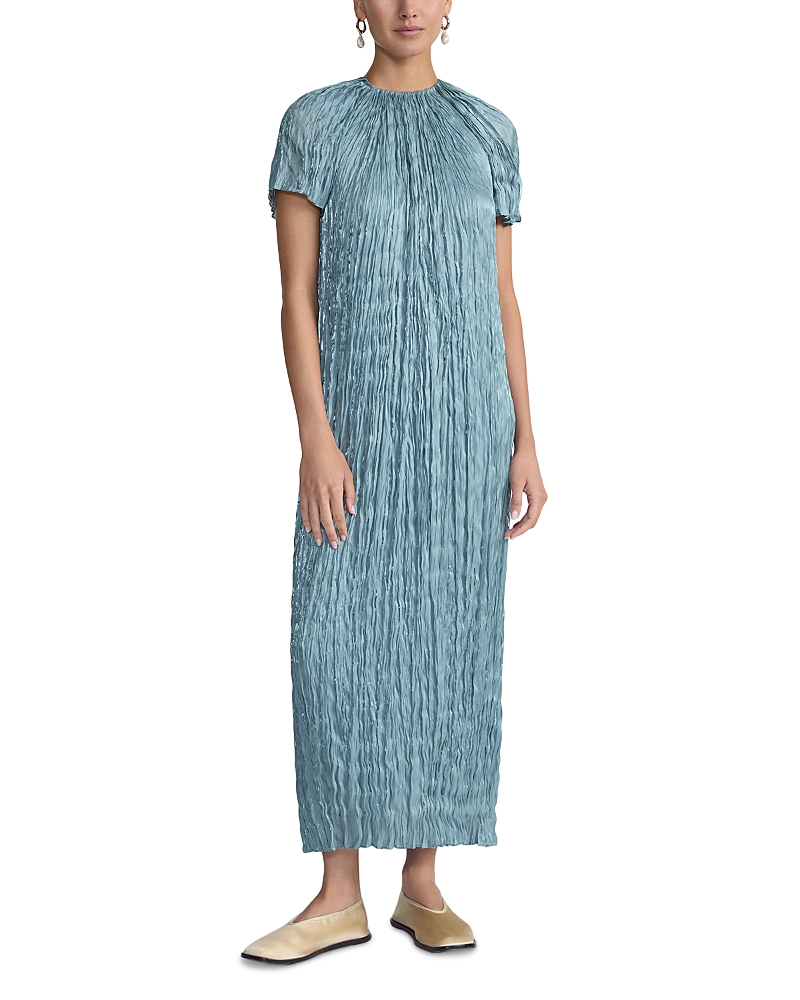Shop Lafayette 148 Short Sleeve Plisse Dress In Lagoon Green