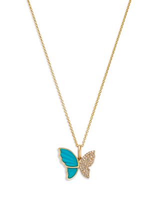 Turquoise & Diamond Butterfly Necklace in 14K Yellow Gold, 18"