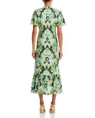 Damask Floral Tie Neck Ruched Midi Dress