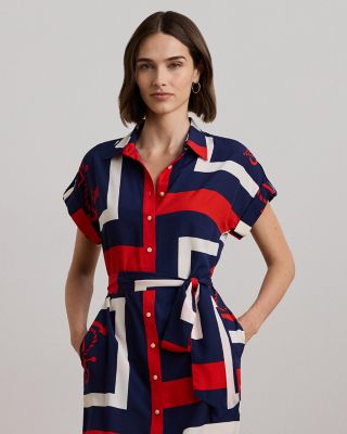 red and blue shirt dress Women's Blue And White Cotton Blend Striped Shirt Dress With Red Chest   Modesees