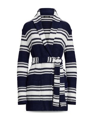 Striped Belted Cotton Blend Cardigan