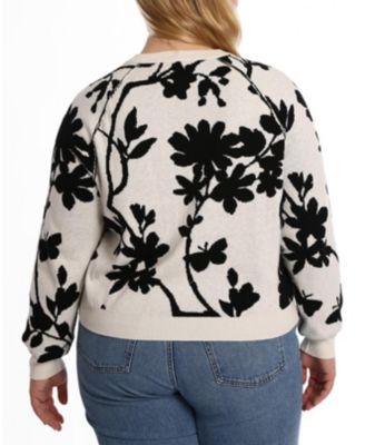  Plus Size Cotton Blend Long Sleeve Reversible Floral Crew Sweater