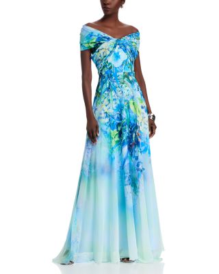 Teri Jon by Rickie Freeman - Chiffon Criss Cross Off-the-Shoulder Leaf Print Gown