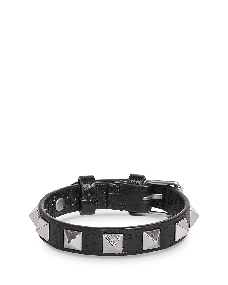 Valentino Garavani Rockstud Leather Bracelet With Palladium Studs In Black