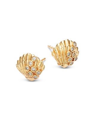 14K Yellow Gold Clam Shell Stud Earrings with Diamonds