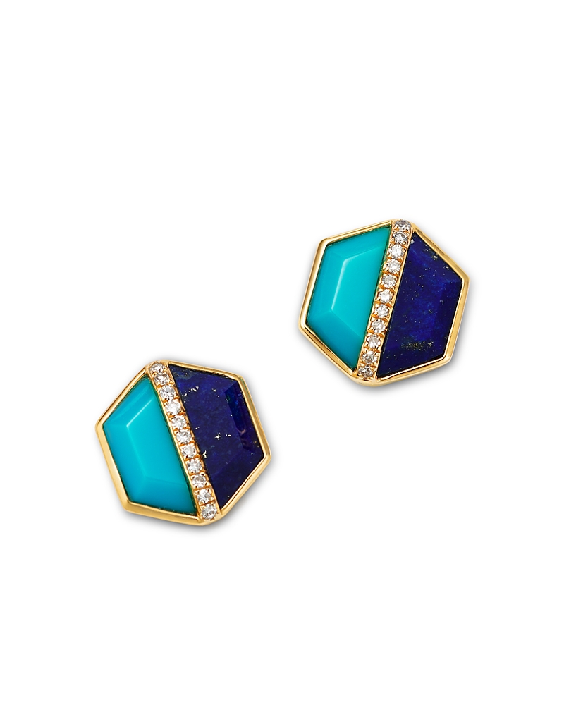 Bloomingdale's Fine Collection Lapis Lazuli, Turquoise & Diamond Stud Earrings In 14k Yellow Gold In Blue/gold