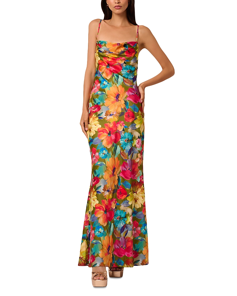 Liv Foster Yara Backless Floral-print Satin Gown In Lime Multi