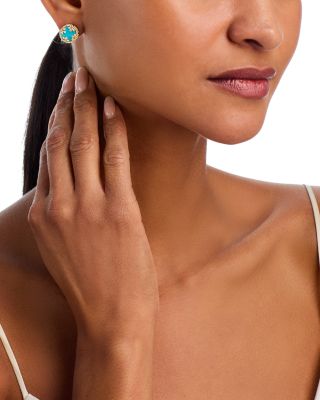 18K Yellow Gold Venetian Princess Medallion Turquoise & Diamond Stud Earrings