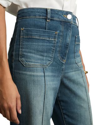 Sakura Patch Pocket High Rise Flare Jeans in Mid Blue