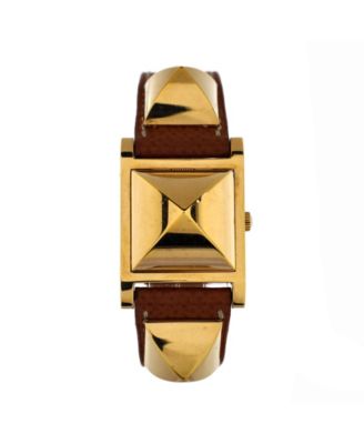 Pre-Owned Hermes Pre-Owned Hermes Medor Quartz Watch in Plated Metal and Leather 23mm