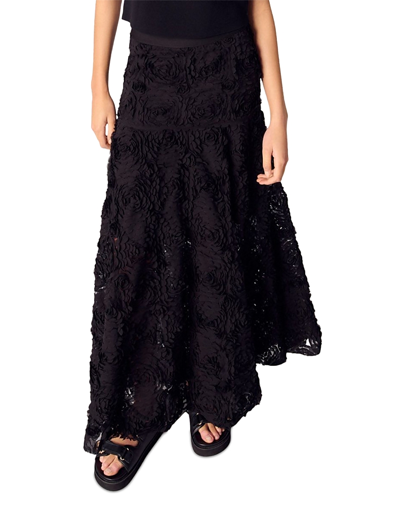 Maje Flocked Tulle Maxi Skirt In Black