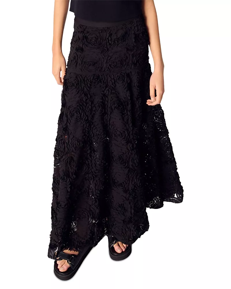Maje Long Embroidered Skirt