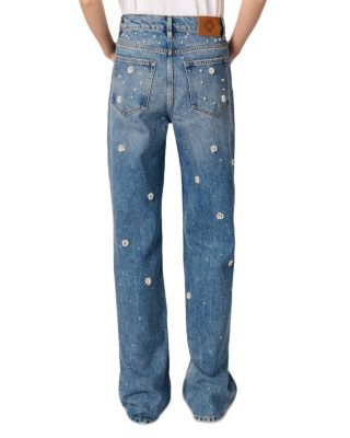 Embellished High Rise Wide Leg Jeans in Blue