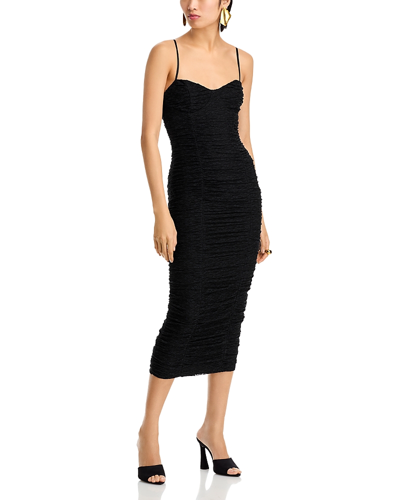 Afrm Tosca Ruched Lace Midi Dress In Noir