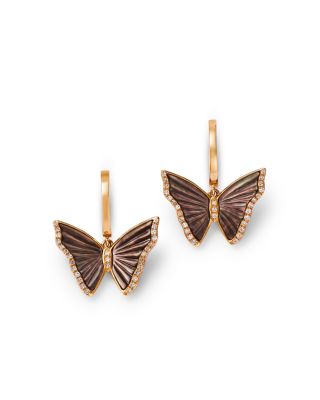 Bloomingdale's Fine Collection - Mother of Pearl & Diamond Butterfly Dangle Hoop Earrings in 14K Yellow Gold