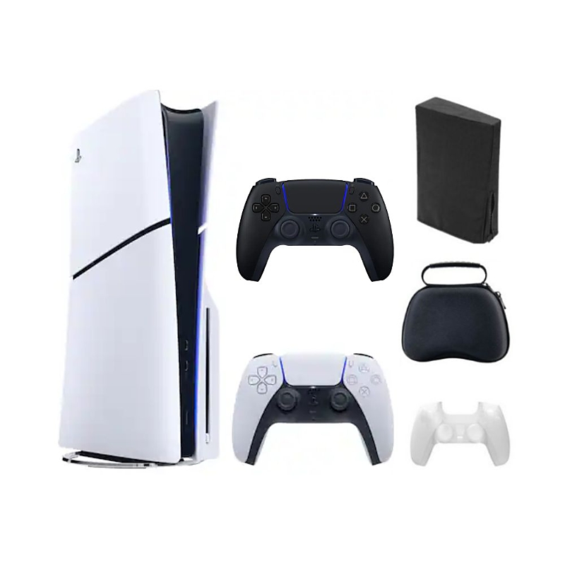Sony PlayStation 5 Slim Console - White with Accessories & Black Controller (Total 2 Controllers Included)