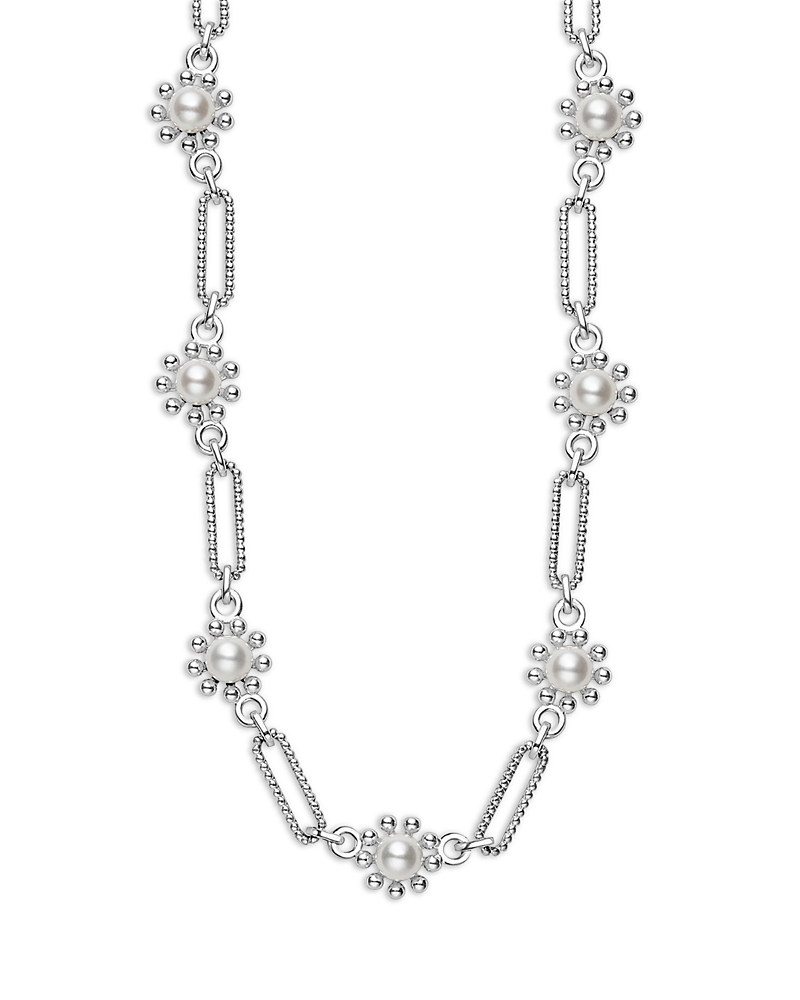 Lagos Sterling Silver Luna Cultured Pearl Fleur Link Necklace, 18 In Silver