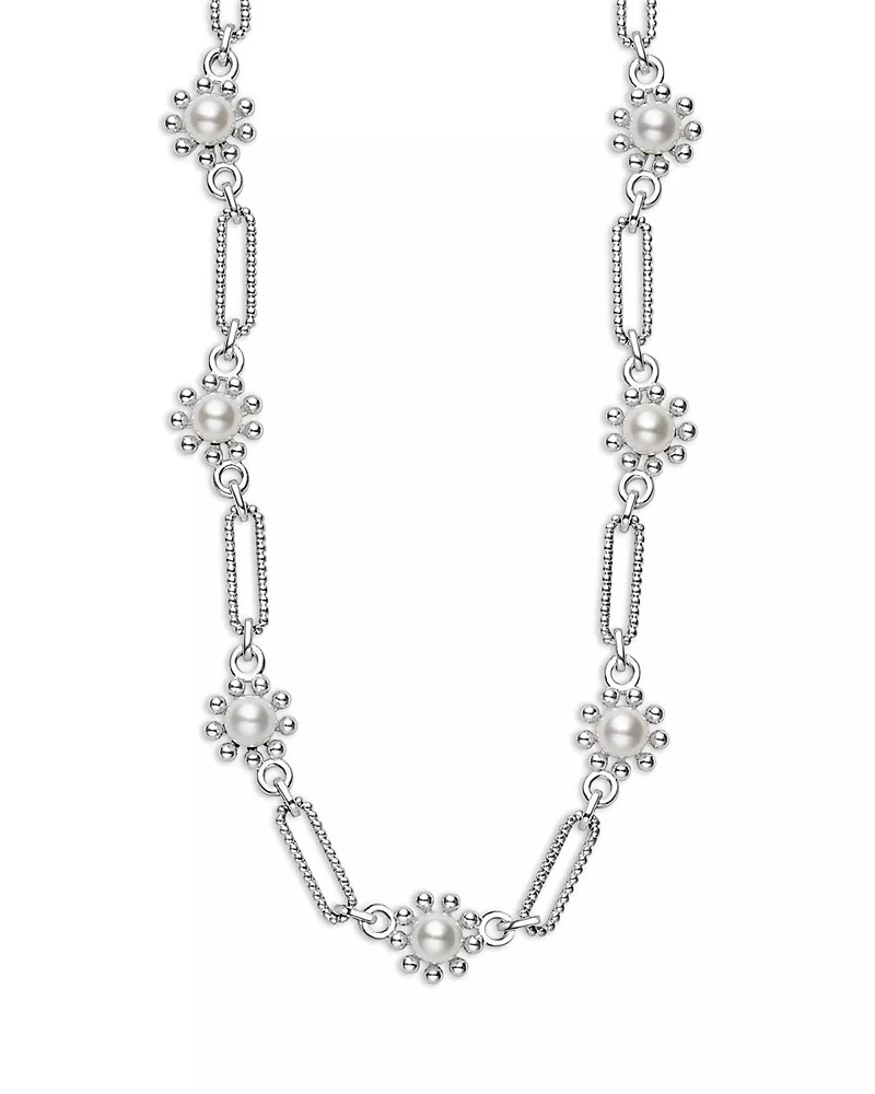 Lagos Sterling Silver Luna Cultured Pearl Fleur Link Necklace, 18