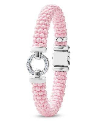 Sterling Silver Pink Caviar Diamond Circle Ceramic Bead Bracelet