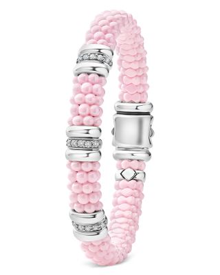 Sterling Silver Pink Caviar Diamond Station Ceramic Bead Bracelet