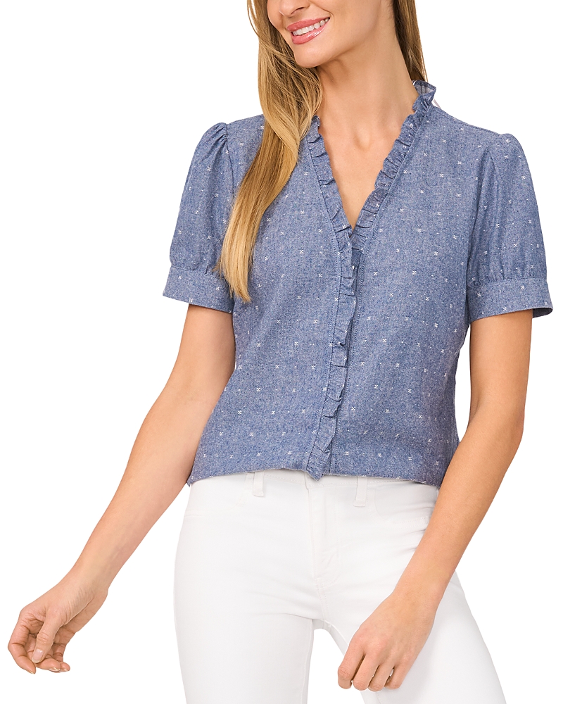 CECE CECE RUFFLE TRIM JACQUARD SHIRT