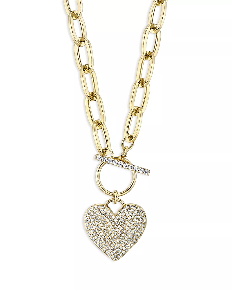 Shy Creation 14K Yellow Gold Kate Diamond Paperclip Link Pave Heart Necklace, 18