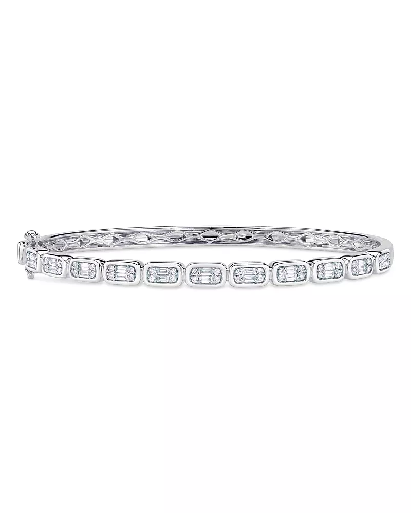 Shy Creation 14K White Gold Aleera Diamond Baguette & Round Cluster Bangle Bracelet