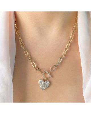 14K Yellow Gold Kate Diamond Paperclip Link Pav&eacute; Heart Necklace, 18"
