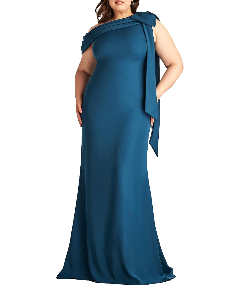 Tadashi Shoji One-shoulder Bow Detail Crepe Gown In Dark Blue
