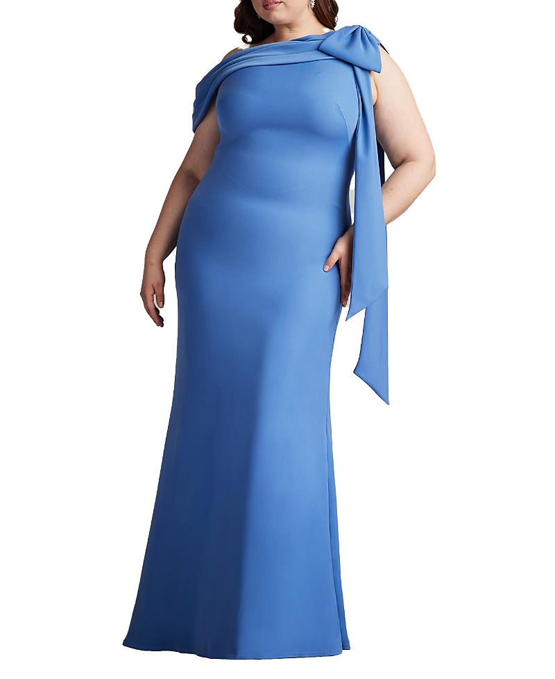 Tadashi Shoji Plus Size Cassia Bow-shoulder Crepe Gown In Blue