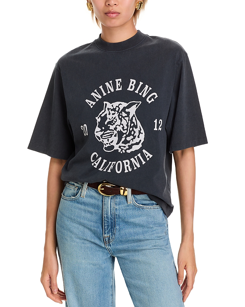 Anine Bing Avi Tee Collegiate Leopard In Washed Charcoal In Black