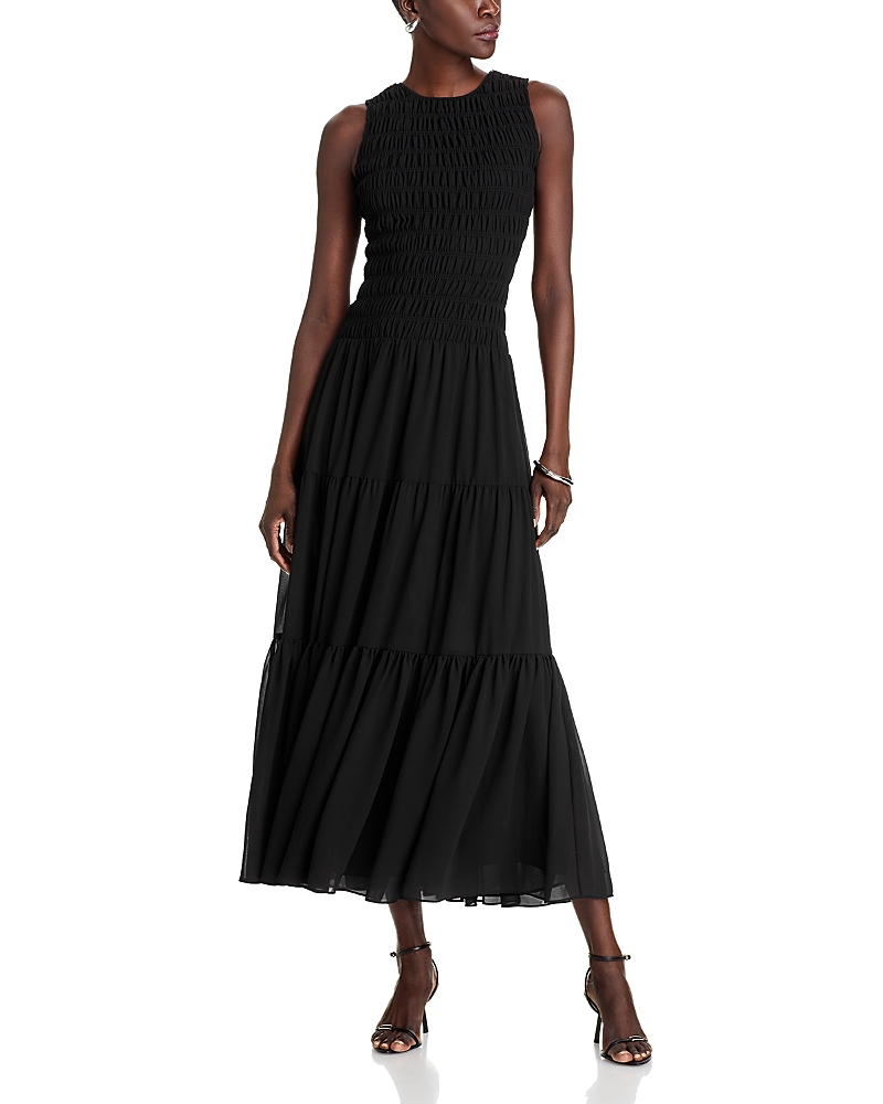 Michael Kors Black Crewneck Sleeveless Long Dress With Ruches And Ruffled Skirt In Tech Fabric Woman In Black