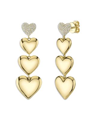 14K Yellow Gold Kate Diamond Pav&eacute; & Polished Graduated Heart Drop Earrings