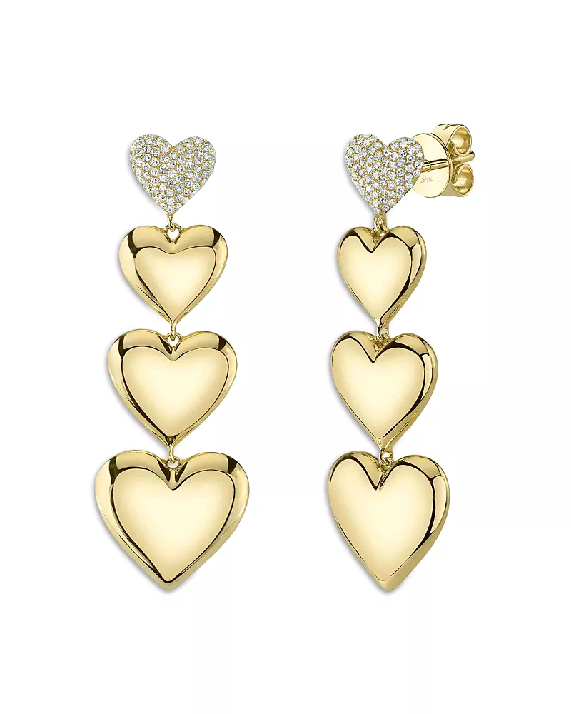 Shy Creation 14K Yellow Gold Kate Diamond Pave & Polished Graduated Heart Drop Earrings