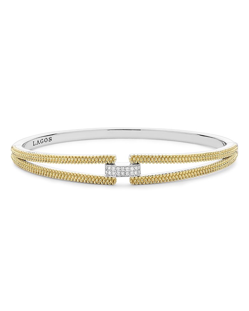 Lagos 18k Yellow Gold & Sterling Silver Caviar Lux Clip Diamond Pave Bangle Bracelet - Exclusive In Silver
