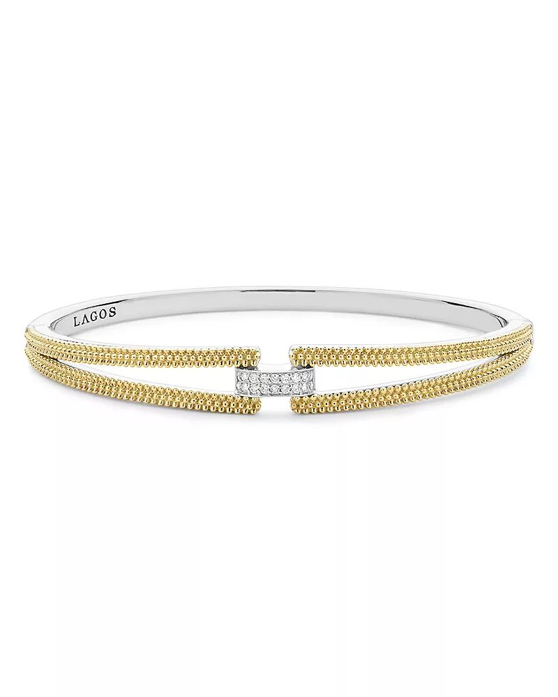 Lagos 18K Yellow Gold & Sterling Silver Caviar Lux Clip Diamond Pave Bangle Bracelet - Exclusive