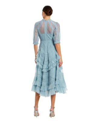 High Neck Puff Sleeve Ruffle Tiered Dress