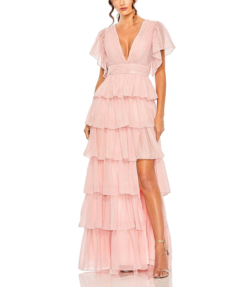 Mac Duggal Flutter Sleeve Ruffle Tiered Gown In Petal Pink