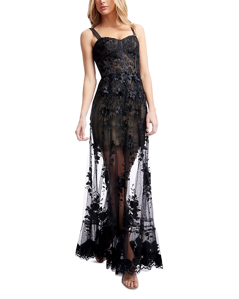 Dress The Population Anabel Sheer Lace Bustier Gown In Black-nude