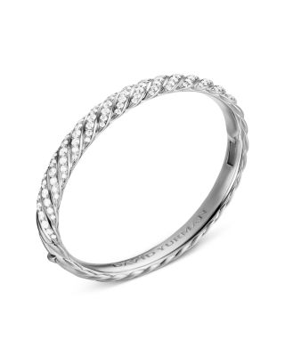 Sculpted Cable Bangle Bracelet in 18K White Gold with Diamonds, 8mm Description