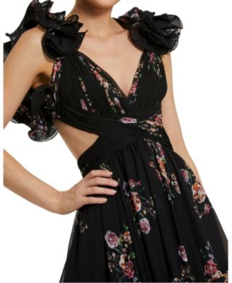 Ruffle Tiered Cut-Out Floral Print Chiffon Dress