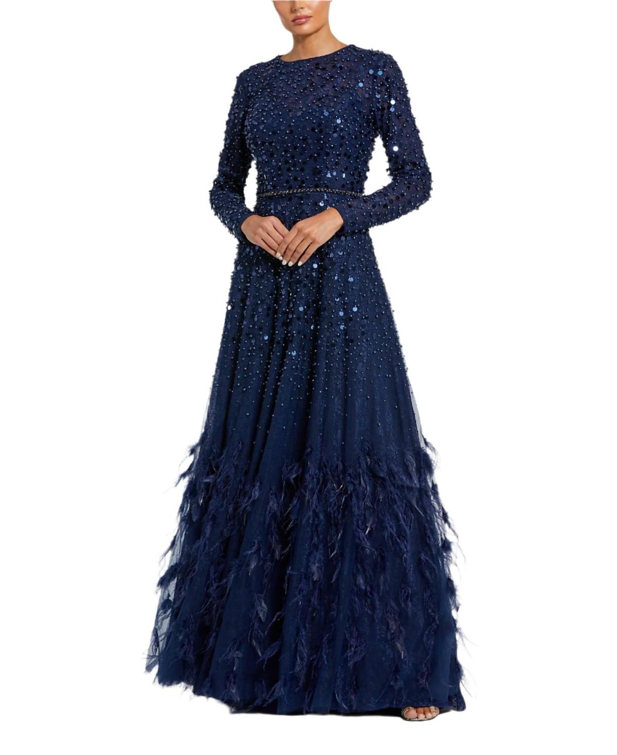 Mac Duggal Feather Detail Embellished Sequin Gown