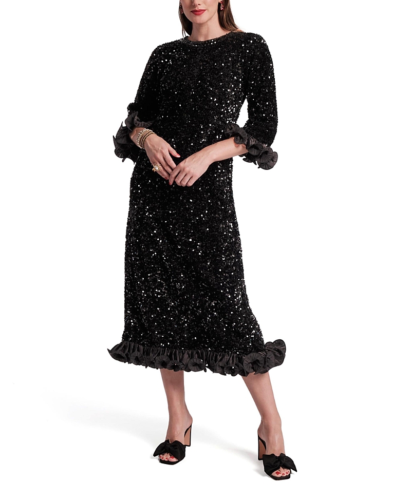 Frances Valentine Plaza Midi Dress Sequin Poly Satin In Black