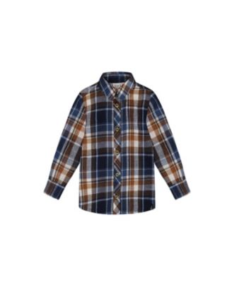 Deux par Deux - Long Sleeve Button Down Shirt Plaid Blue and Hazel - Little Kid
