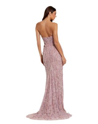 Beaded Satin Rose Cape Strapless Bustier Gown