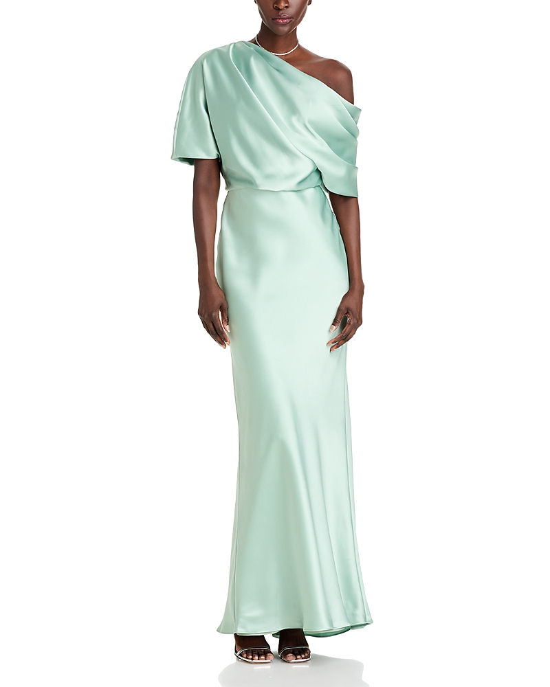 Amsale Draped Satin One Shoulder Dress In Sage