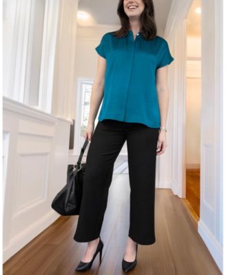 Women's Short Sleeve Satin Maternity Shell Top with Concealed Nursing Zip