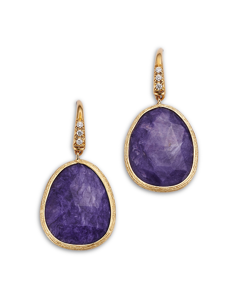 18K Yellow Gold Lunaria Color Charoite & Diamond Drop Earrings