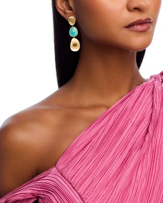 18K Yellow Gold Lunaria Color Turquoise & Textured Link Drop Earrings